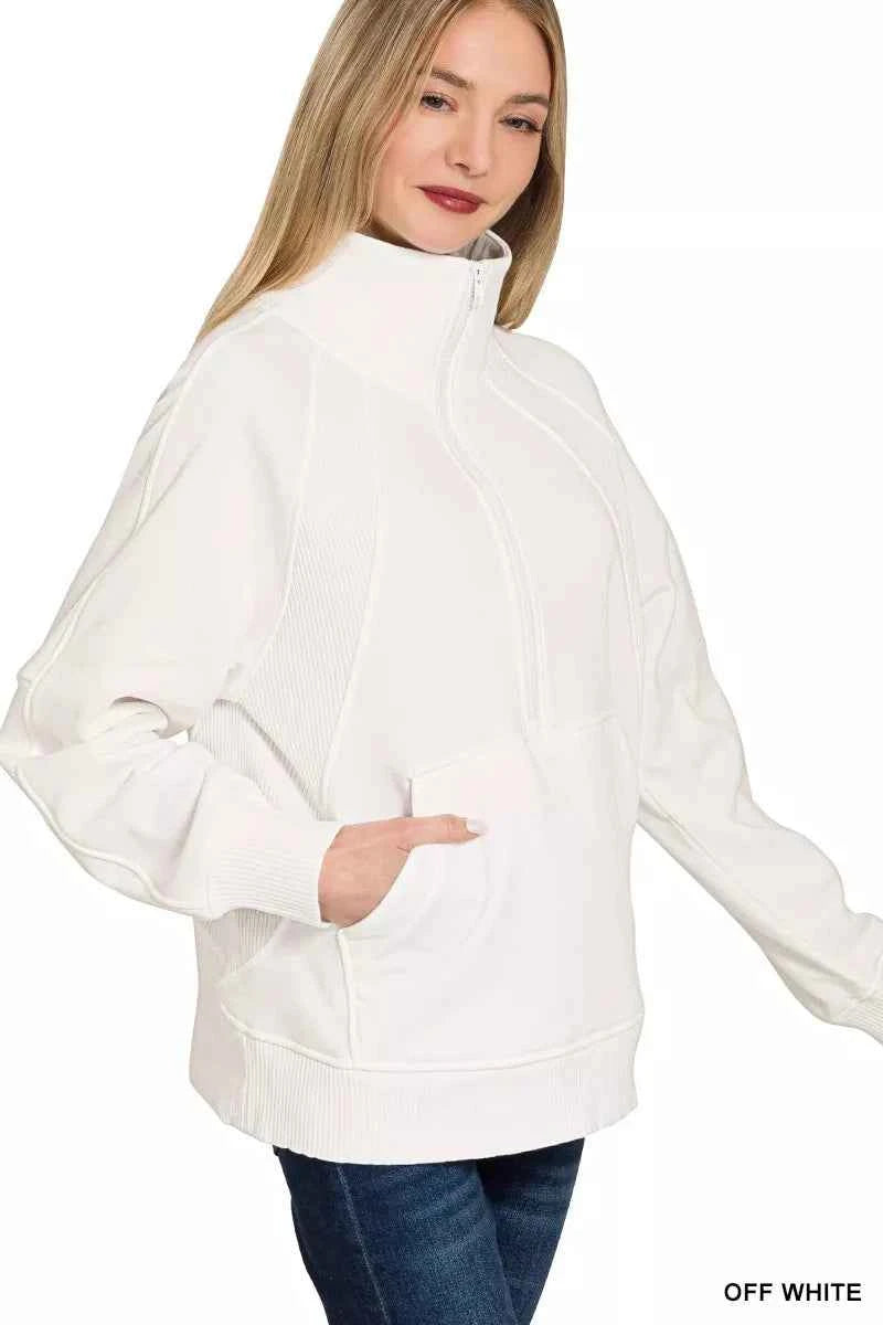 Zenana Half Zip Fleece Sweatshirt with kangaroo Pocket 49d5367353204207b030315d88ce90d0-Max-Origin