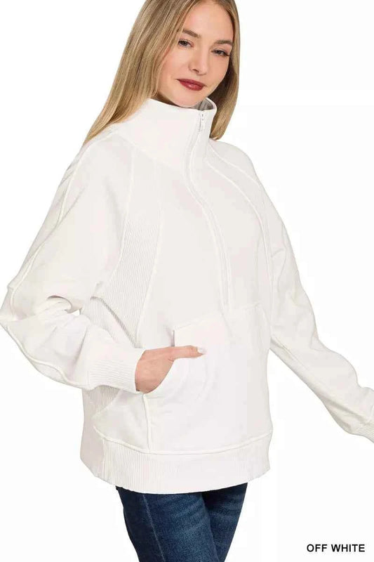 Zenana Half Zip Fleece Sweatshirt with kangaroo Pocket 49d5367353204207b030315d88ce90d0-Max-Origin