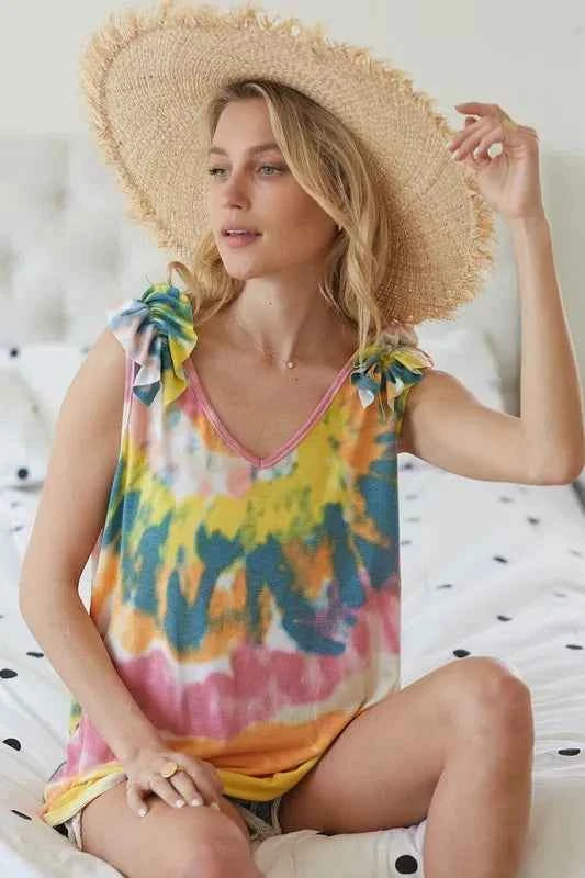 Circular Tie Dye Knit V Neck Top With Ruffle 49d780e5fd914609923b0c992ff27761-Max-Origin