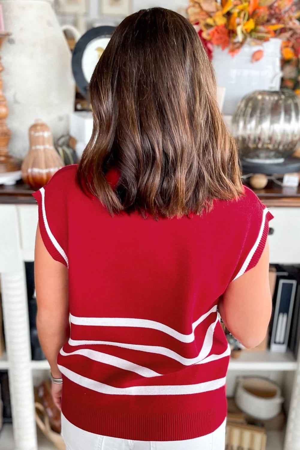 Fiery Red Quarter Zip Striped Detail Short Sleeve Sweater 49e1090ceaf0dc18