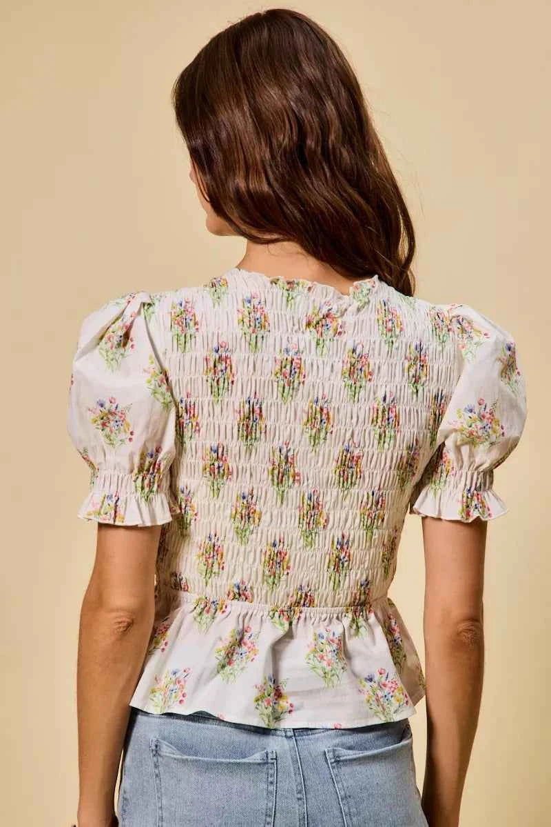 SO ME Floral Cotton Smocked Short Sleeves Blouse 49e3b24fe78c4e5d8121049d0143d64f-Max-Origin