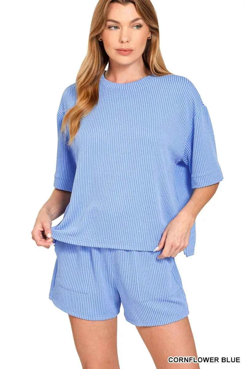 Zenana Raised Rib Short Sleeve Tee and Drawstring Shorts Set CORNFLOWER BLUE 49e6c960fe6f4cbd8dd912a8f93e38c5-Max-Origin