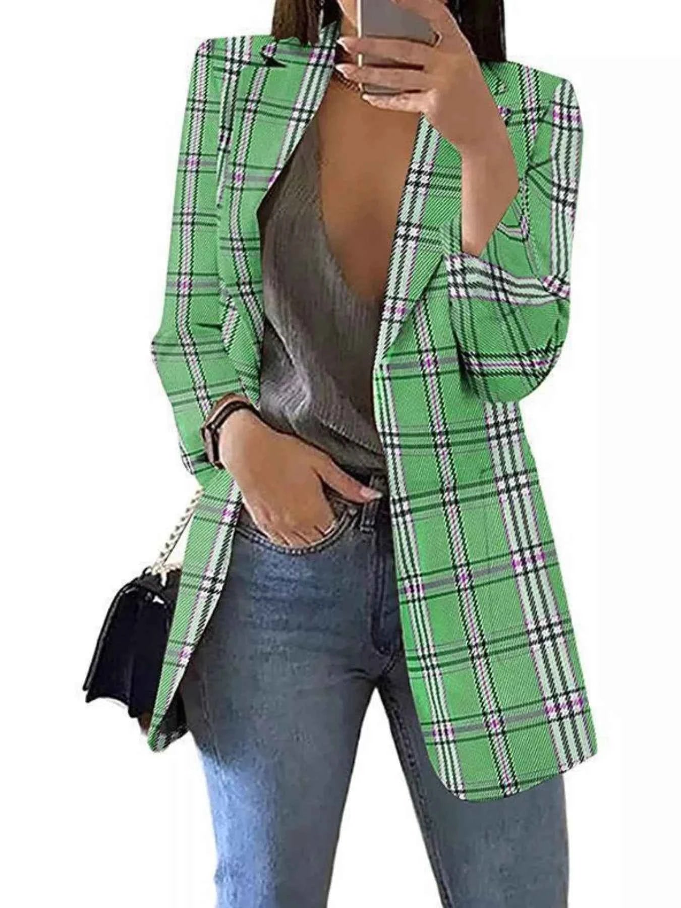 Plaid Lapel Collar Blazer Green 49ebbe73-6b89-49ae-af28-d014de0b03df-Max-Origin