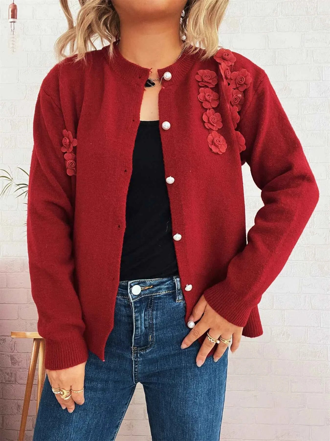 Flower Button Up Long Sleeve Cardigan Red One Size 49ebcdcaa93c4d528b676be790eb9ab7-Max-Origin