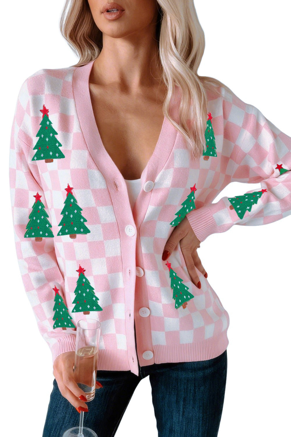 Red Checkered Christmas Tree Pattern Button V Neck Knit Cardigan 49f5a7bafe3a1540