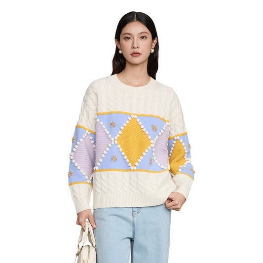 Women's Color-Blocked Plaid Wool Sweater