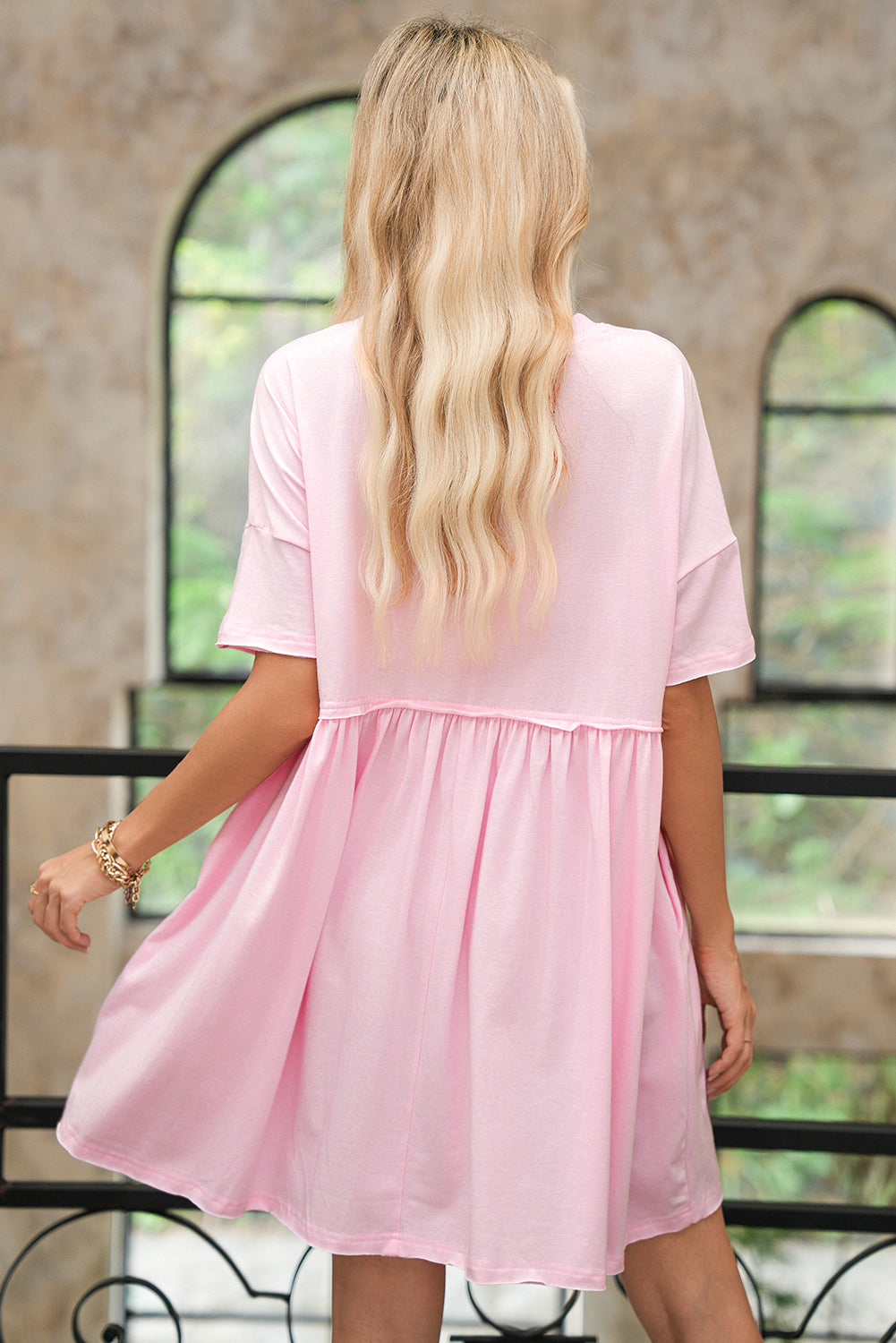 Light Pink Solid Color Pocket Raw Edge Babydoll Dress 4a0db27ff52d1870
