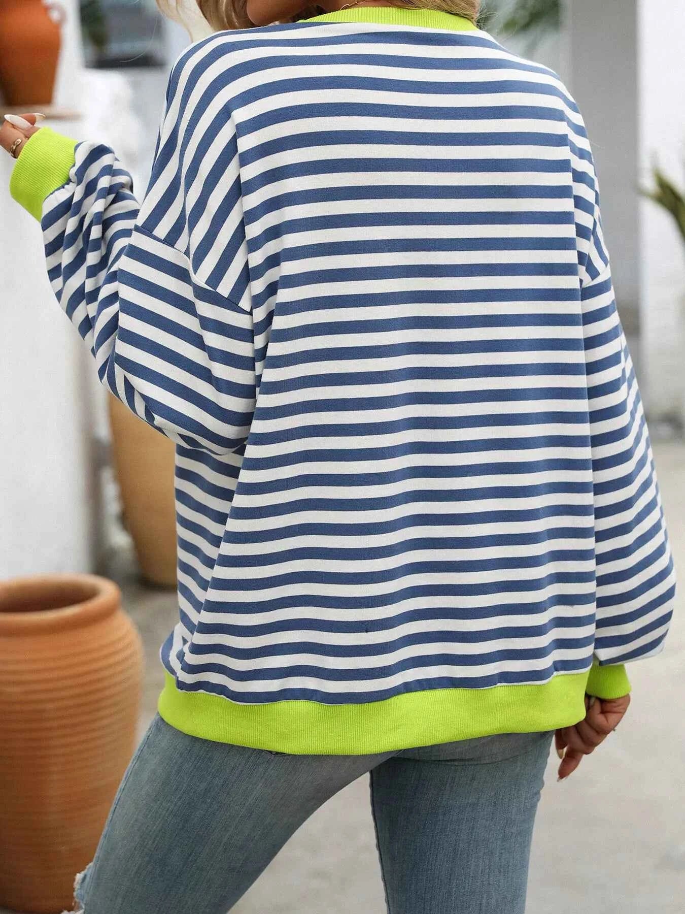 Striped Round Neck Dropped Shoulder Sweatshirt 4a0febf630f04e5a91d975229b90b9ae-Max-Origin