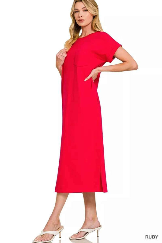 Round Neck Short Sleeve Midi Dress 4a17c548bda846b5a11987d01a88770e-Max-Origin