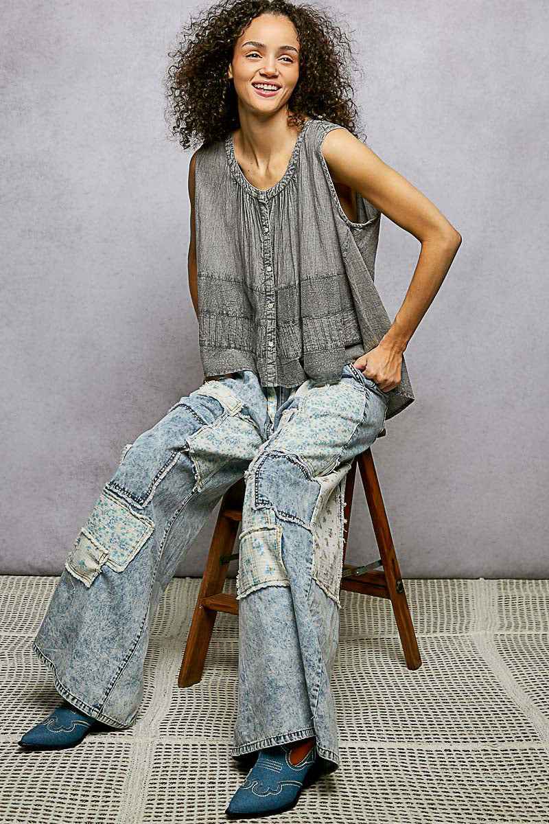 POL Button Down Round Neck Tank with Crochet Contrast 4a1cfc06-cec9-4ed2-b863-ce0bdea2efcc-Max