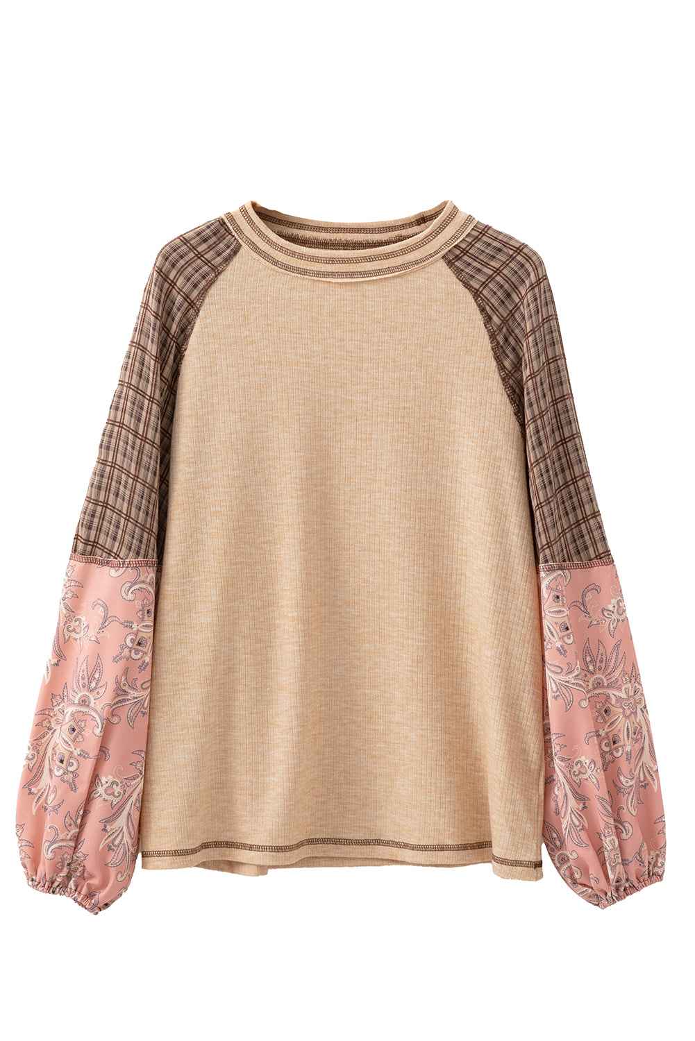 Jet Stream Floral Plaid Mixed Print Patchwork Raglan Ribbed Top 4a1e5956fd6e20f4