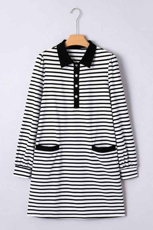 Stripe Collared Pocketed Long Sleeve T-Shirt Dress 4a20b6f0-5cf9-4fb3-b673-af1d23e48313