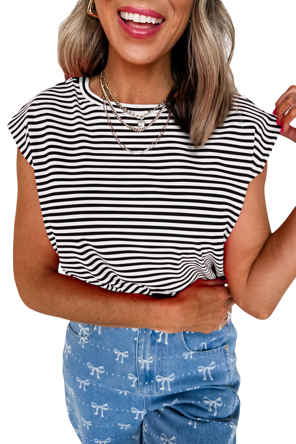 Sky Blue Stripe Ribbed Cap Sleeve Round Neck T Shirt 4a282841537c104f