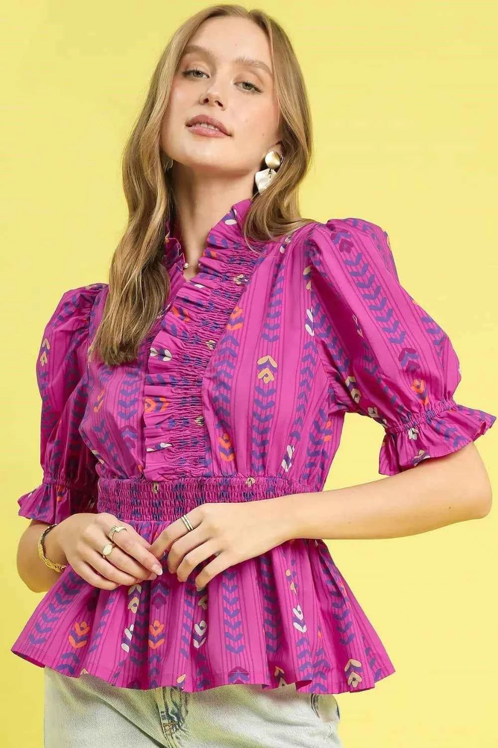 Umgee Printed Half Sleeve Peplum Blouse 4a2dc8ee-f317-45c7-a208-bd4b07646650-Max-Origin