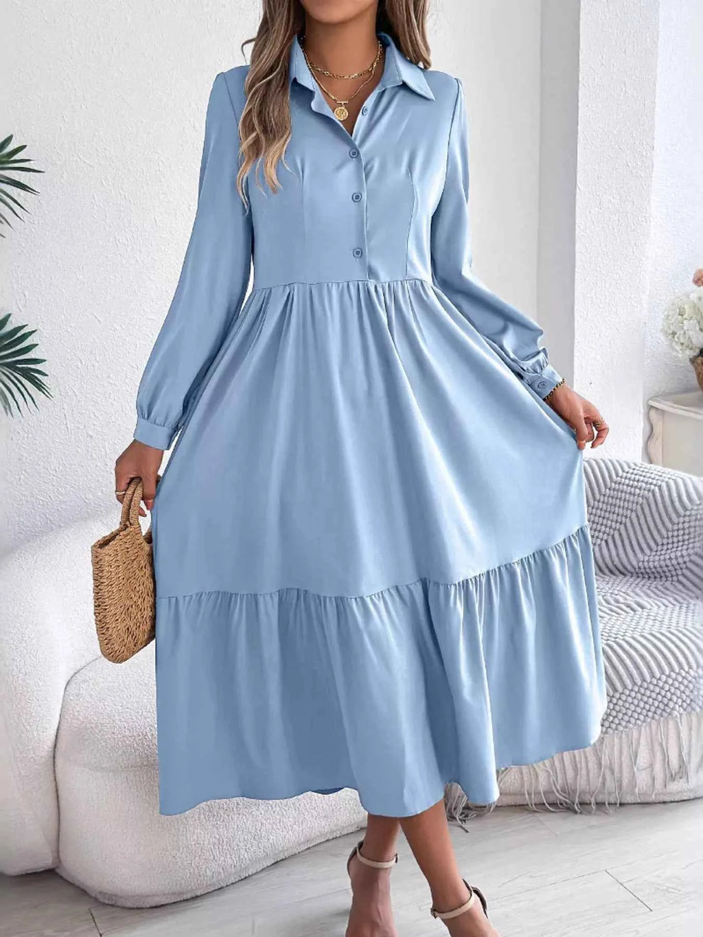 Long Sleeve Tiered Button Front Midi Dress 4a31583671cc44f49004c0f553ce966d-Max-Origin