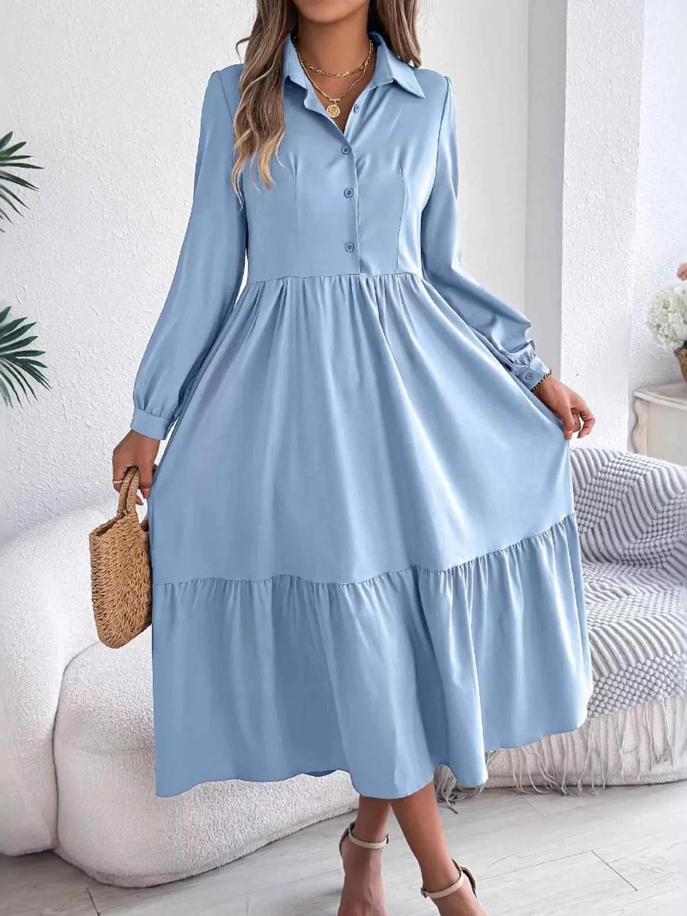 Long Sleeve Tiered Button Front Midi Dress 4a31583671cc44f49004c0f553ce966d-Max-Origin