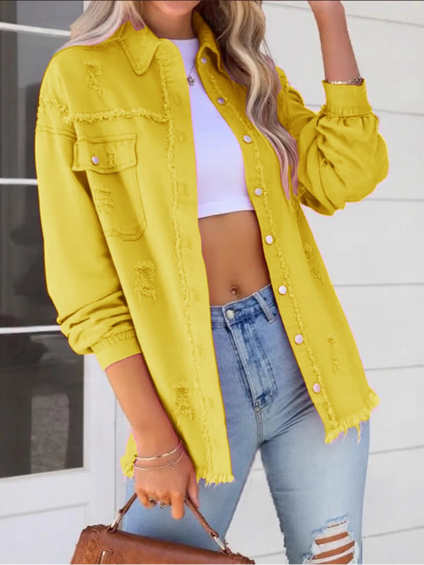 Distressed Denim Jacket with Frayed Edges Yellow 4a3421486a8d4b5891360bb07b960cbd-Max-Origin