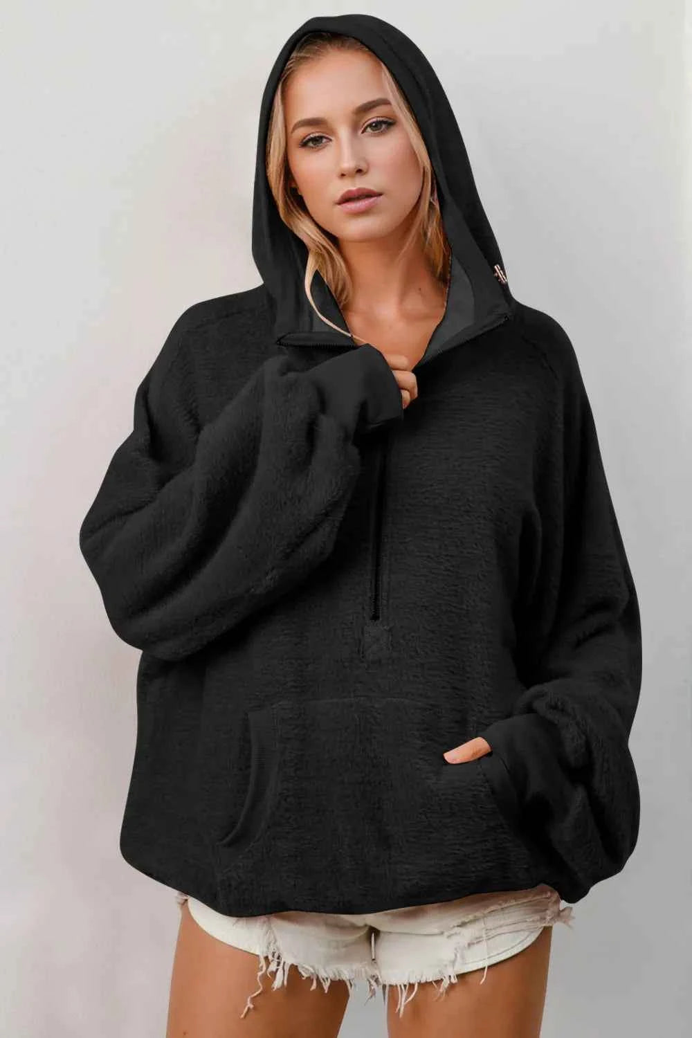 Double Take Full Size Half Zip Long Sleeve Hoodie with Kangaroo Pocket Black 4a34788b-0236-49ee-9d50-9e0e2e4fbf29-Max