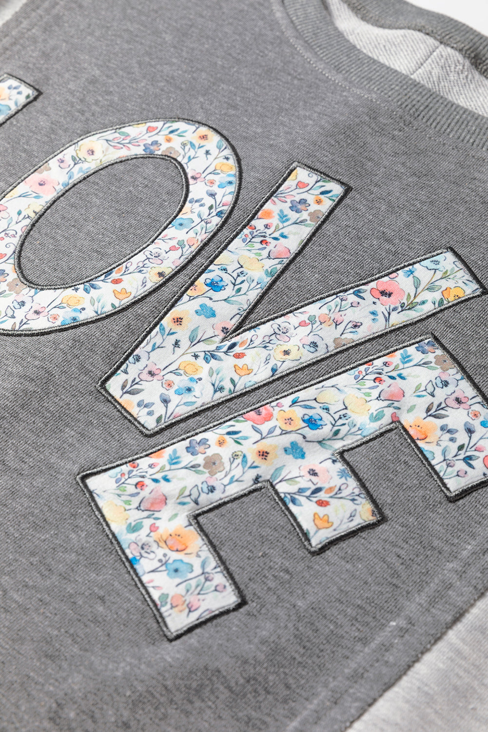Dark Grey Floral LOVE Graphic Patchwork Uneven Hem Sweatshirt 4a348b260385d3ff