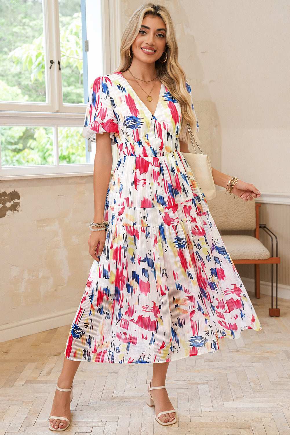 Sky Blue Abstract Print Short Puff Sleeve Tiered Maxi Dress 4a35d63eefca93c1-_14