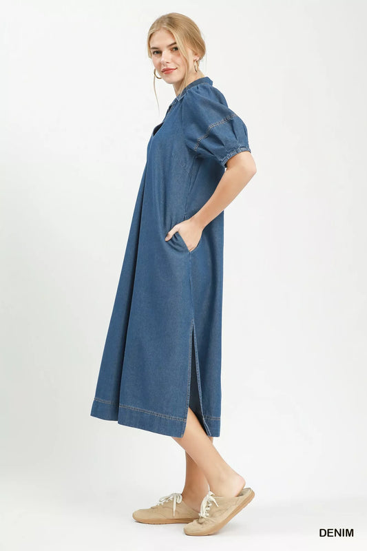 Chambray Collared Puff Sleeve Dress 4a381d4b-7c52-45c7-ade4-55fe6fb42e06-Max-Origin