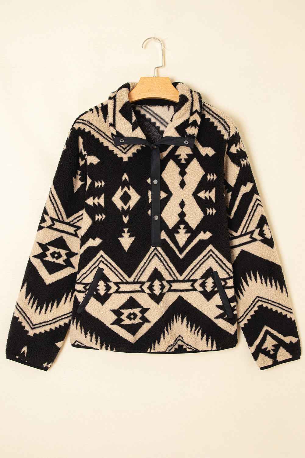Beige Vintage Geometric Half Zip Plush Sweatshirt 4a3832c32720490a