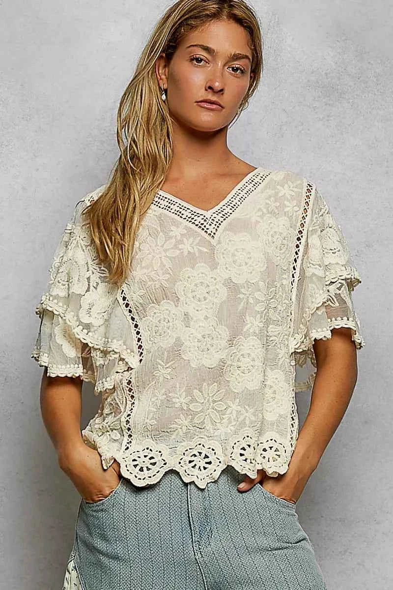 POL Floral Crochet V-Neck Short Sleeve Blouse with Scalloped Hem NATURAL One Size 4a3b8a35-43f2-4873-a11f-36b2cf636383-Max-Origin