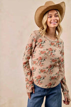 BiBi Floral Print Washed Waffle Thermal Top with Thumb 4a3c8f2948c546909c5c24d97b442ea1-Max-Origin