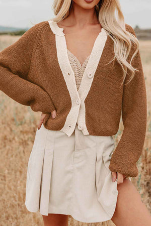 Chestnut Contrast Color V Neckline Knit Cardigan Chestnut 100%Acrylic 4a3df01366e46063