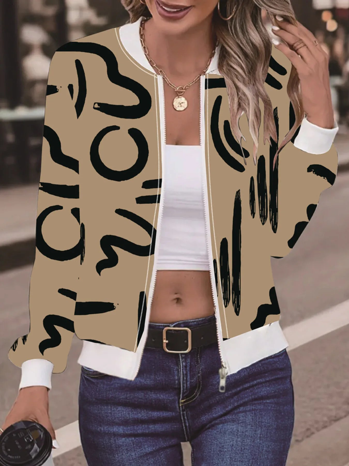 Number Print Zip Up Jacket Khaki 4a3e3411d52e48658d1fd216e78898da-Max-Origin
