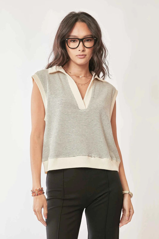 Davi & Dani French Terry Boxy Fit Striped Sweater Vest CREAM BLACK 4a3f243acf6a44a18374ec7c2aed1676-Max-Origin