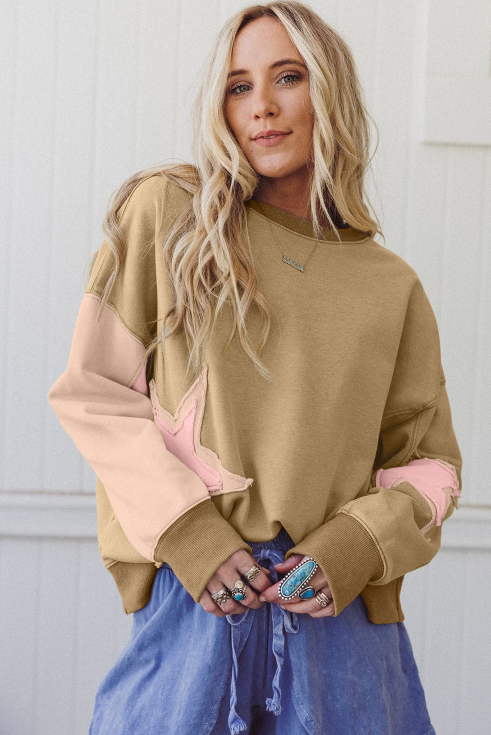 Rose Pink Star Patchwork Exposed Seam Uneven Hem Sweatshirt 4a40991fb1ce0066