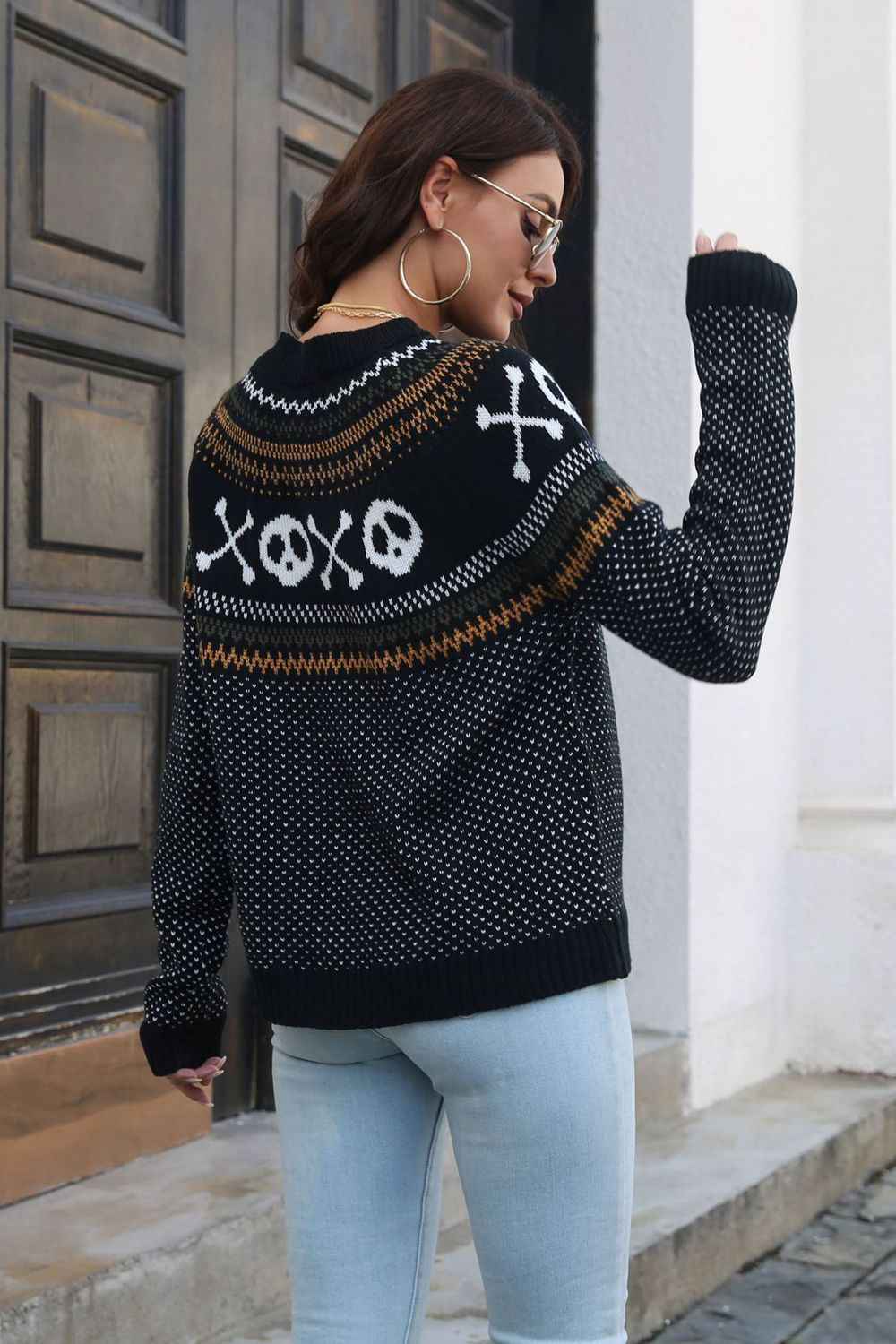 Ghost Pattern Round Neck Long Sleeve Sweater 4a426df7fa804f598cbea56bac733c77-Max