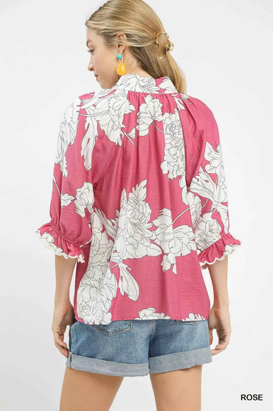 Peony Illustration Print Flounce Sleeve Blouse 4a442916-3035-491e-8937-3ef4c8912210-Max-Origin