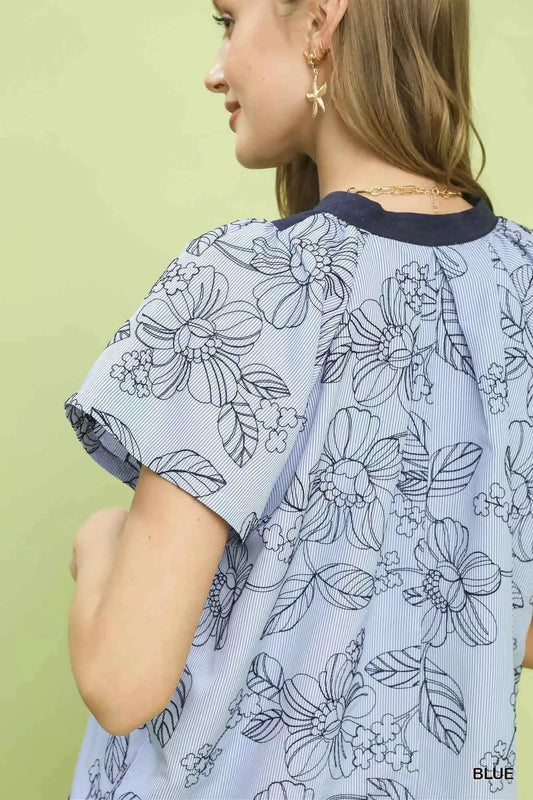 Stripe Embroidered Mixed Collar V-Neck Top 4a476df9-9844-4686-81c1-b5dfc0355bf4-Max-Origin