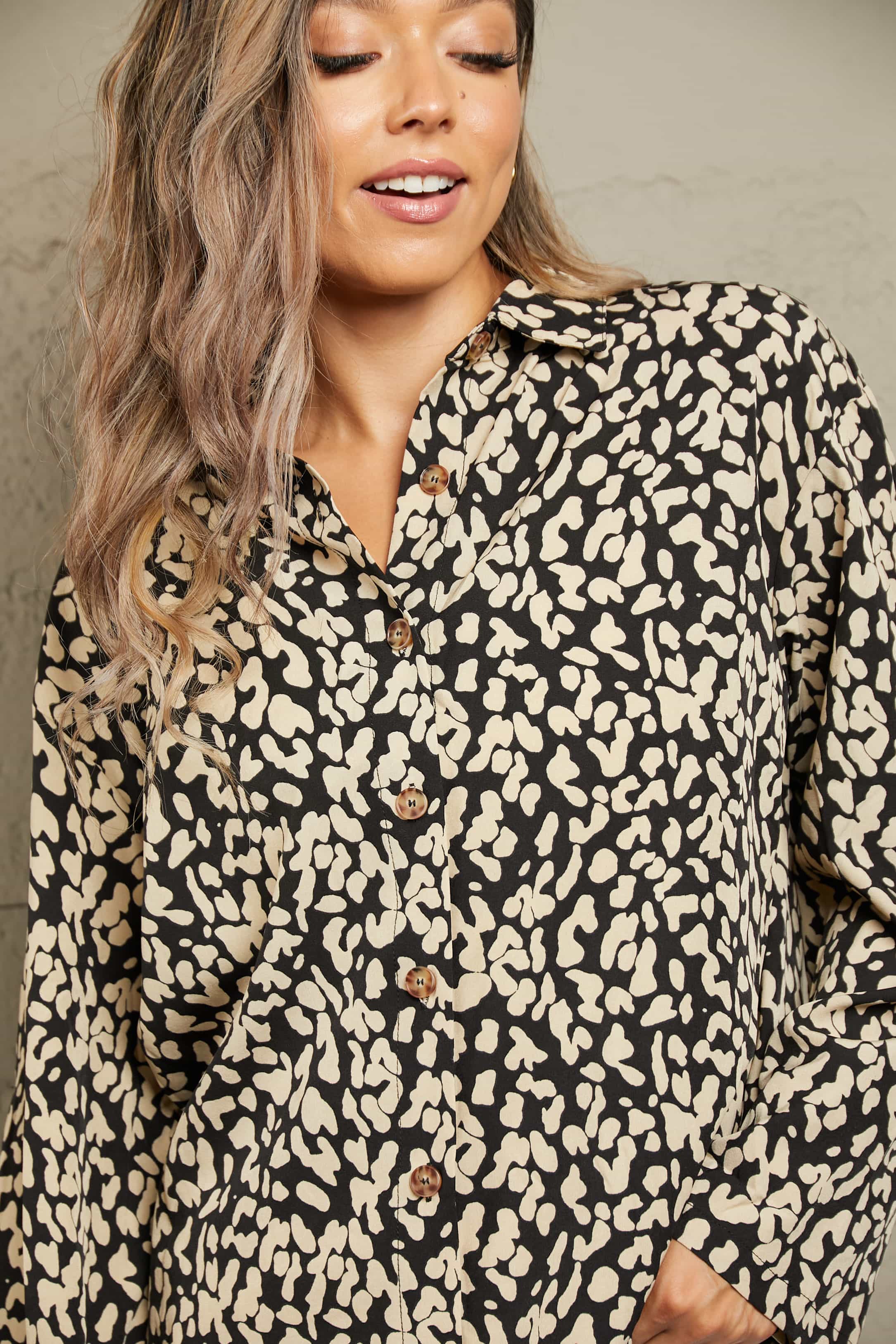 Ivy Lane Leopard Roll-Tap Sleeve Shirt 4a48f64da0614c4b87da0d9a469071e0-Max