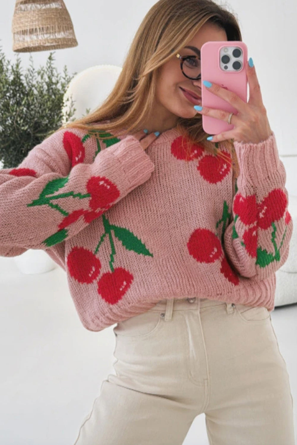 Pink Cherry Print Round Neck Knit Sweater 4a4bed8bc5013296