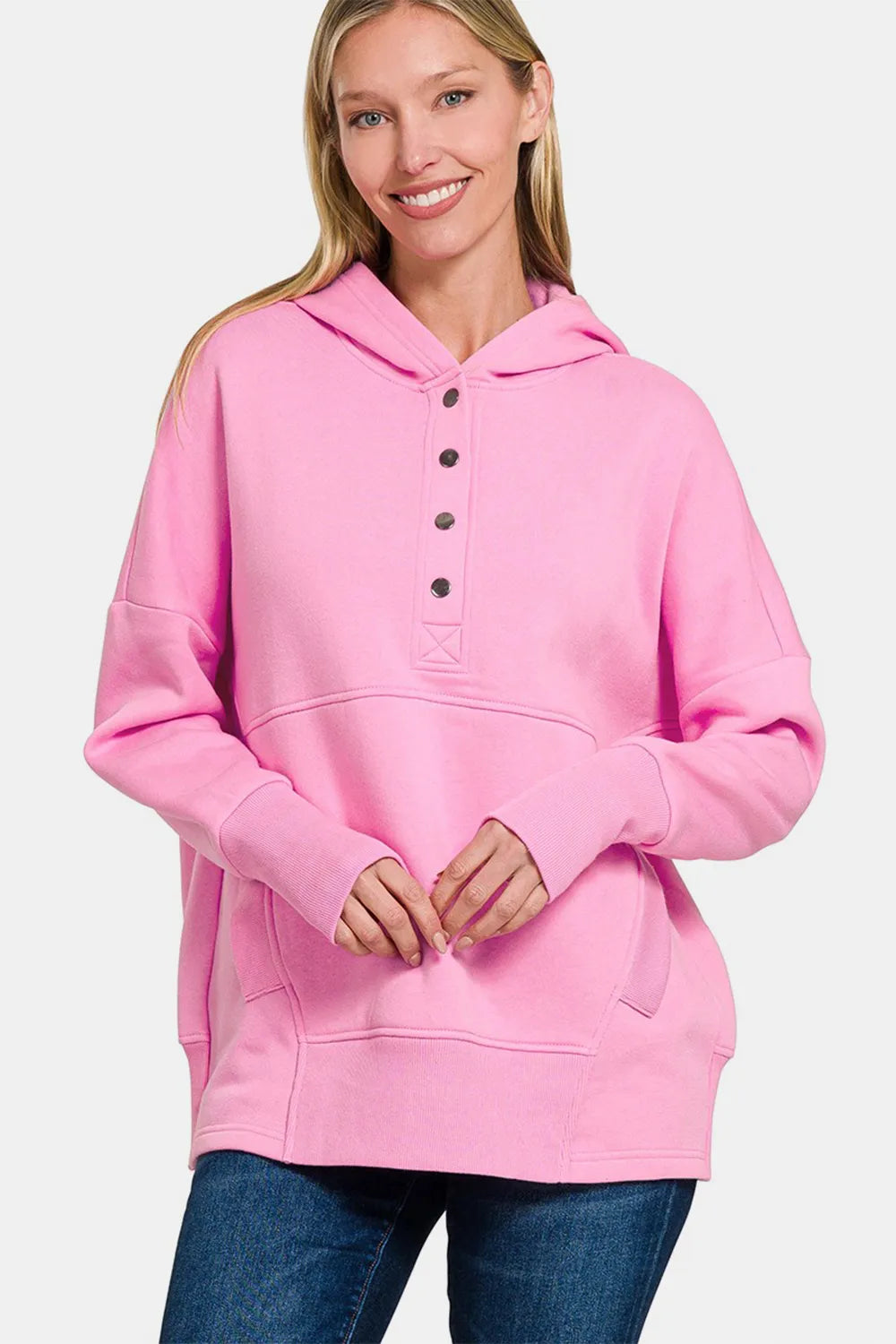 Zenana Half Snap Long Sleeve Hoodie with Kangaroo Pocket Fuchsia Pink 4a53f929-f587-4196-913f-da52f5d3faee-Max