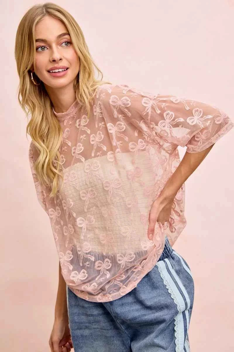 BiBi Bow Pattern Short Sleeves Boxy Mesh Top 4a544318211b449d8425722364654012-Max-Origin