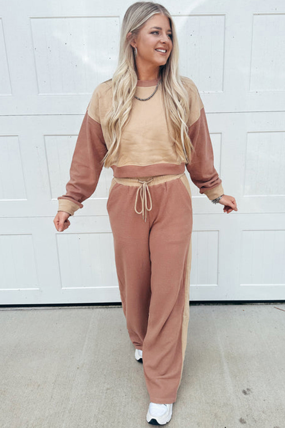 Khaki Color Block Long Sleeve Crop Top Drawstring Pant Set 4a5446faaddf9090