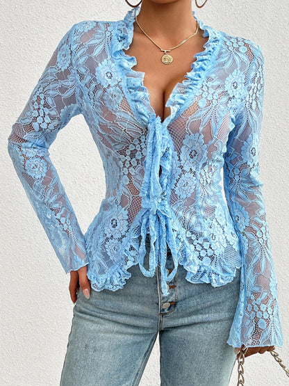 Tied V-Neck Long Sleeve Lace Top