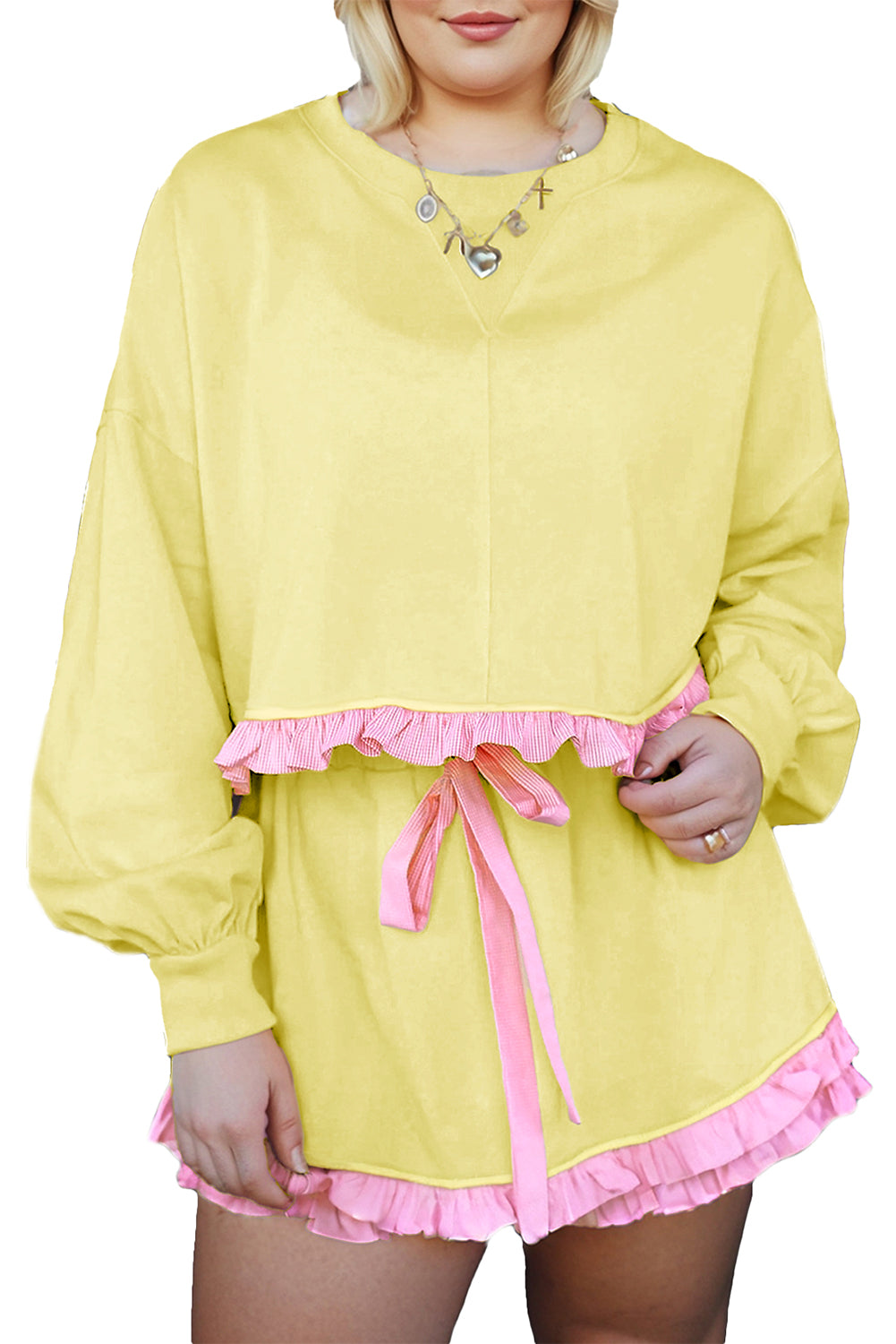 Yellow Ruffle Striped Hem Patchwork Pullover Top and Shorts Plus Size Set 4a5a95dc47b51840