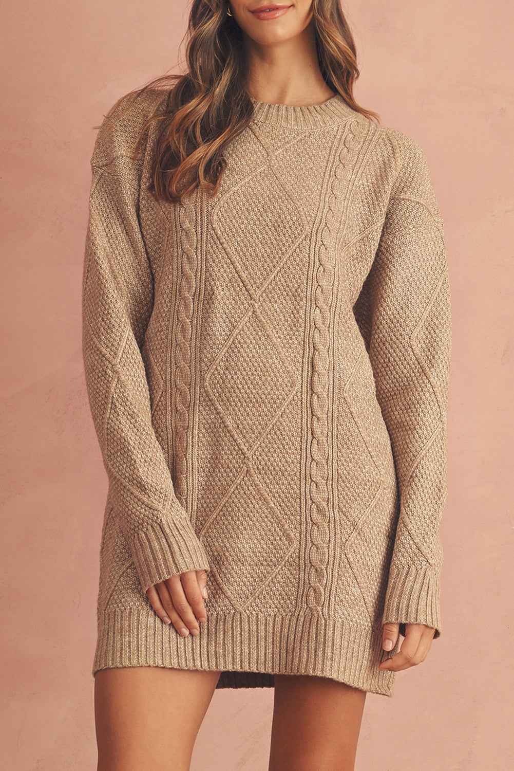 Oatmeal Cable Knit Drop Shoulder Loose Fit Sweater Dress 4a5ce72eab662a27