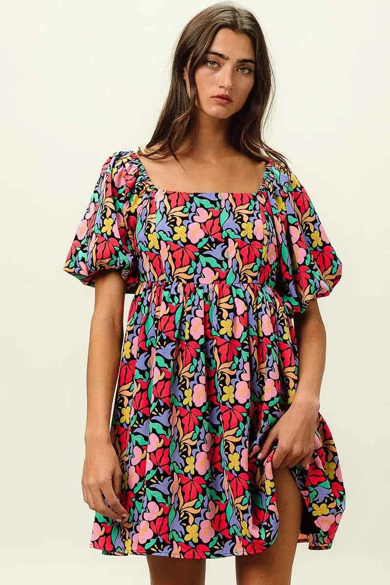 BiBi Floral Print Puff Square Neck Dress 4a64673f6a9843919d988062713dd08d-Max-Origin