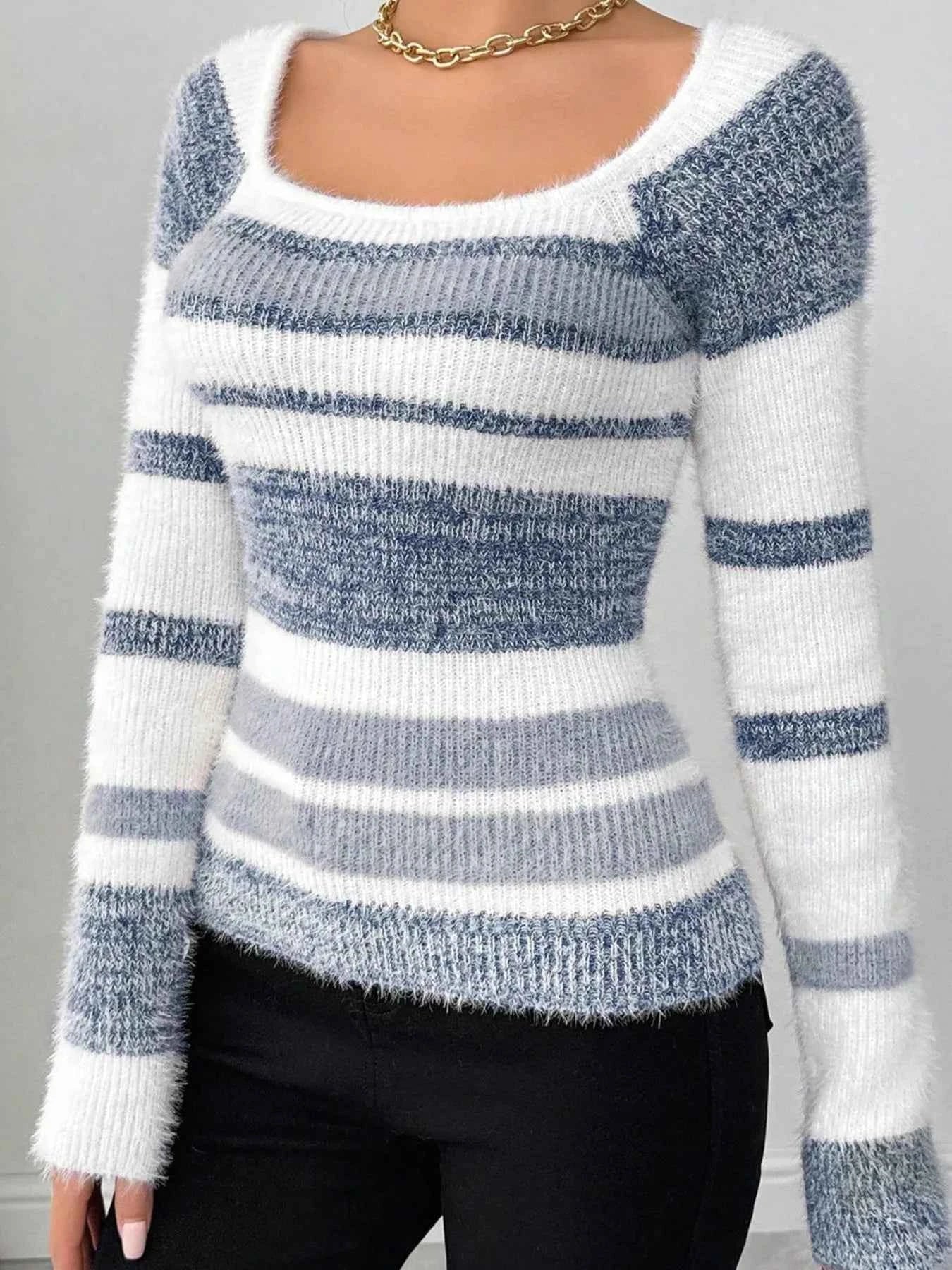 Striped Fuzzy Long Sleeve Sweater