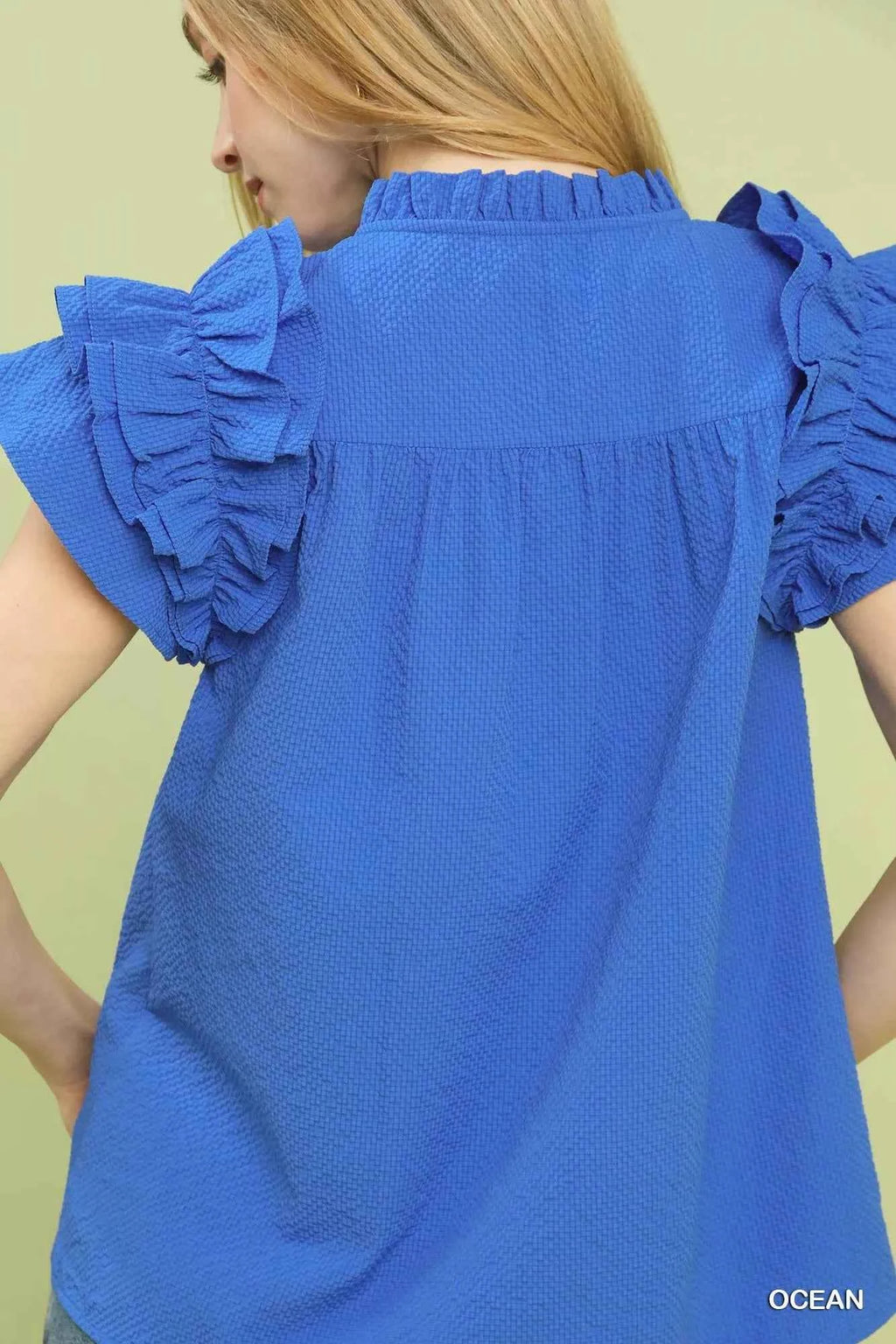 Umgee Textured Ruffle Sleeve Notched Top 4a6a4b70-99bb-4cc8-81b3-1d1ee9e220d7-Max-Origin