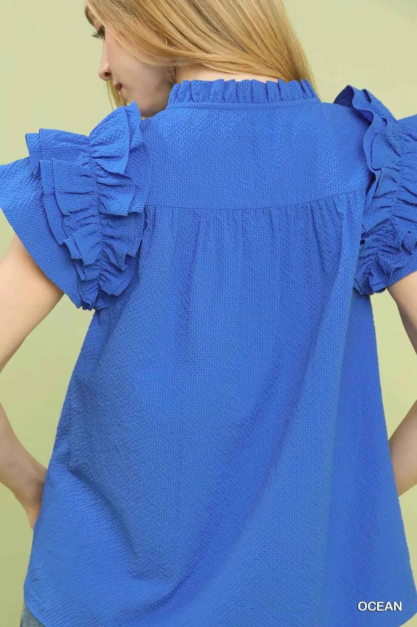 Textured Ruffle Sleeve Notched Top 4a6a4b70-99bb-4cc8-81b3-1d1ee9e220d7-Max-Origin
