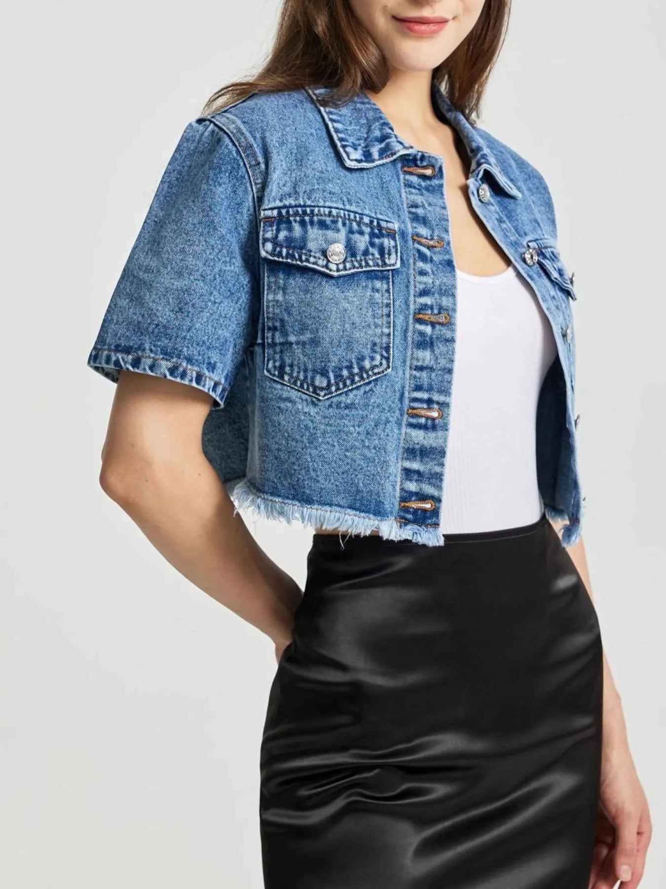 Cropped Short Sleeve Denim Jacket with Frayed Hem 4a6c6015-105d-464f-a10a-14f89f0e1461-Max-Origin