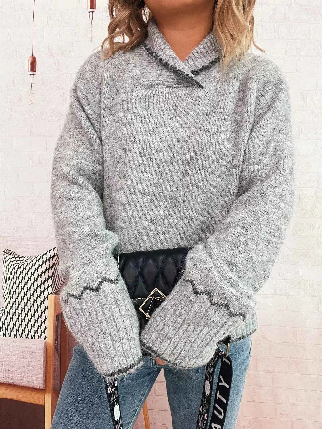 Ribbed Contrast Trim Long Sleeve Sweater 4a6df8113266410d975e0dac1803dbca-Max-Origin