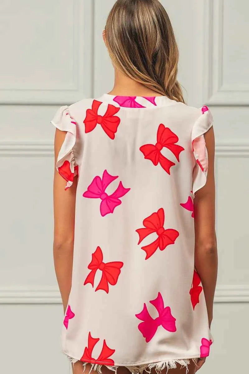Bow Printed Woven Ruffled Sleeves V Neck Top 4a6ed399884b4a408453da9f2787ed6e-Max-Origin